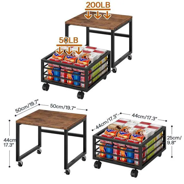 Alt view image 5 of 7 - End Table, Mini Fridge Stand with Storage, Mini Fridge Table with Wheels and Adjustable Feet, Sturdy Metal Frame, for Living Room, Bedroom, Office, Rustic Brown and Black BF155TL01