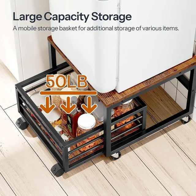 Alt view image 7 of 7 - End Table, Mini Fridge Stand with Storage, Mini Fridge Table with Wheels and Adjustable Feet, Sturdy Metal Frame, for Living Room, Bedroom, Office, Rustic Brown and Black BF155TL01
