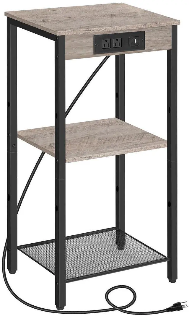 Main image of Tall End Table with Charging Station, 30 Inch Slim Tall Nightstand, 3-Tier Narrow Side Table with Adjustable Shelf, for Living Room, Bedroom, Small Space, Hallway, Greige BG09UDH01G1