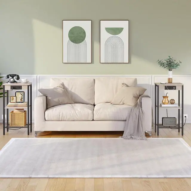 Alt view image 2 of 7 - Tall End Table with Charging Station, 30 Inch Slim Tall Nightstand, 3-Tier Narrow Side Table with Adjustable Shelf, for Living Room, Bedroom, Small Space, Hallway, Greige BG09UDH01G1