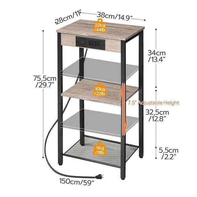 Alt view image 3 of 7 - Tall End Table with Charging Station, 30 Inch Slim Tall Nightstand, 3-Tier Narrow Side Table with Adjustable Shelf, for Living Room, Bedroom, Small Space, Hallway, Greige BG09UDH01G1