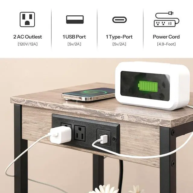 Alt view image 4 of 7 - Tall End Table with Charging Station, 30 Inch Slim Tall Nightstand, 3-Tier Narrow Side Table with Adjustable Shelf, for Living Room, Bedroom, Small Space, Hallway, Greige BG09UDH01G1