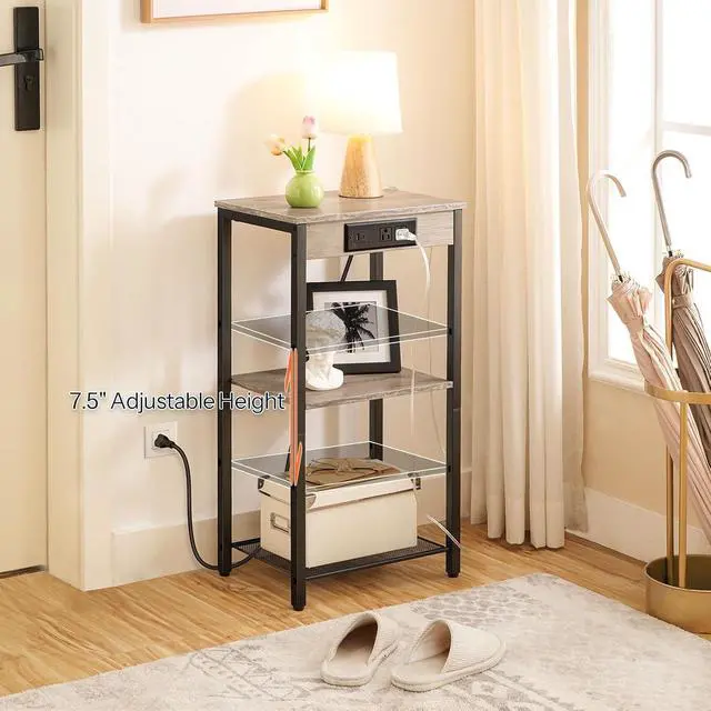 Alt view image 5 of 7 - Tall End Table with Charging Station, 30 Inch Slim Tall Nightstand, 3-Tier Narrow Side Table with Adjustable Shelf, for Living Room, Bedroom, Small Space, Hallway, Greige BG09UDH01G1