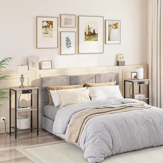 Alt view image 6 of 7 - Tall End Table with Charging Station, 30 Inch Slim Tall Nightstand, 3-Tier Narrow Side Table with Adjustable Shelf, for Living Room, Bedroom, Small Space, Hallway, Greige BG09UDH01G1