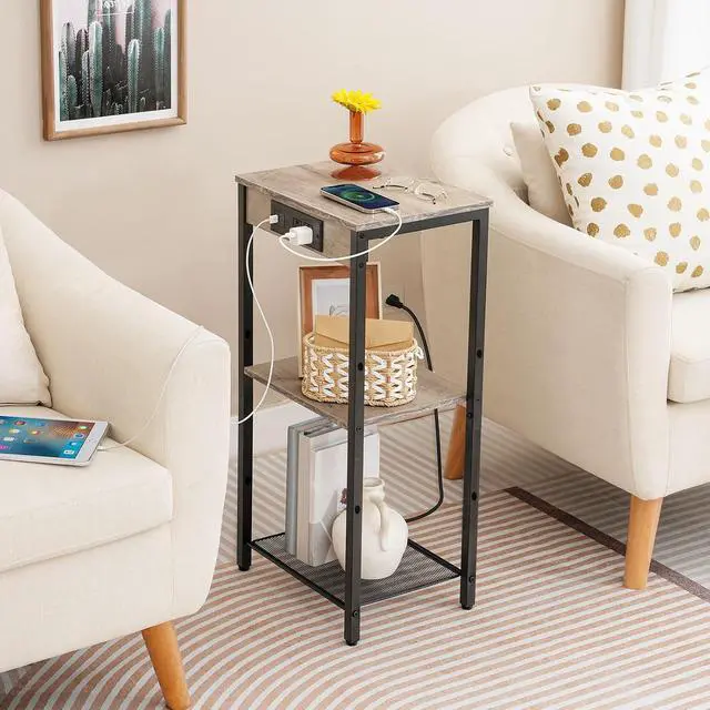Alt view image 7 of 7 - Tall End Table with Charging Station, 30 Inch Slim Tall Nightstand, 3-Tier Narrow Side Table with Adjustable Shelf, for Living Room, Bedroom, Small Space, Hallway, Greige BG09UDH01G1