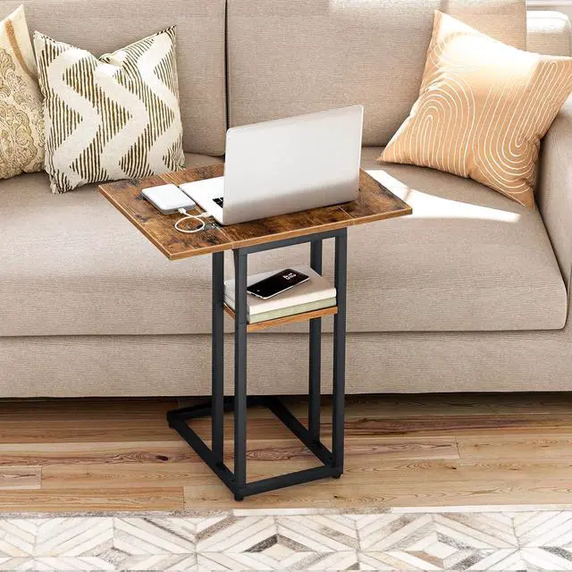Alt view image 7 of 7 - Foldable C Shaped End Table, C Shaped Side Table with Storage Shelf, Small Snack Table, Slide Under Couch Table for Sofa, Living Room Bedroom Small Spaces Easy Assembly, Rustic Brown BF29SF01