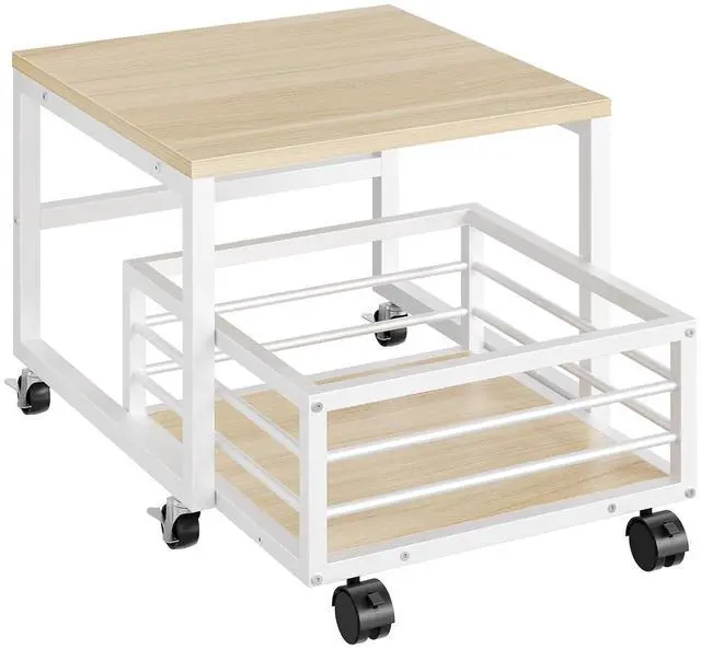 Main image of End Table, Mini Fridge Stand with Storage, Mini Fridge Table with Wheels and Adjustable Feet, Sturdy Metal Frame, for Living Room, Bedroom, Office, White and Natural WN155TL01