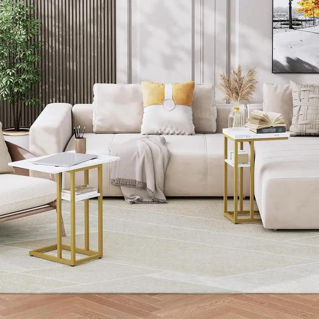 Alt view image 2 of 7 - Foldable C Shaped End Table, C Shaped Side Table with Storage Shelf, Small Snack Table, Slide Under Couch Table for Sofa, Living Room Bedroom Small Spaces Easy Assembly, Gold DM29SF01