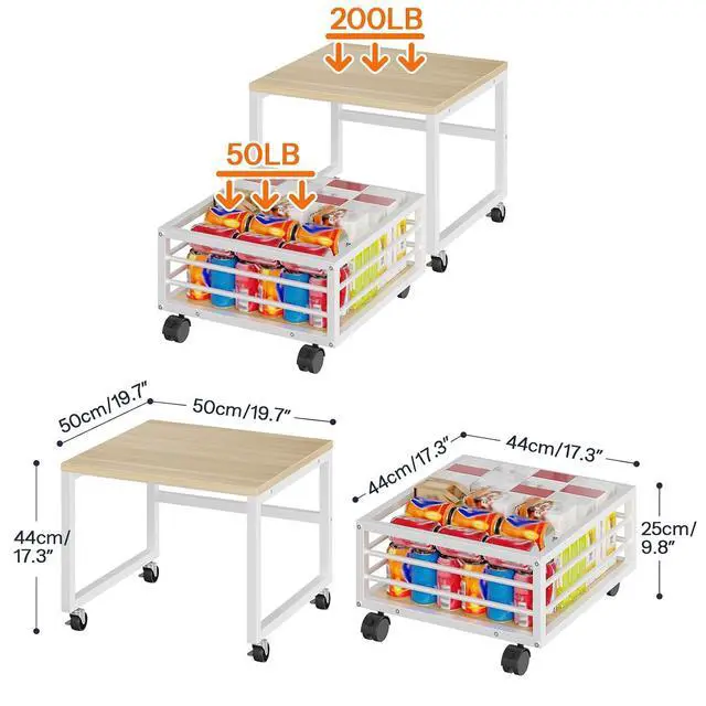 Alt view image 3 of 7 - End Table, Mini Fridge Stand with Storage, Mini Fridge Table with Wheels and Adjustable Feet, Sturdy Metal Frame, for Living Room, Bedroom, Office, White and Natural WN155TL01