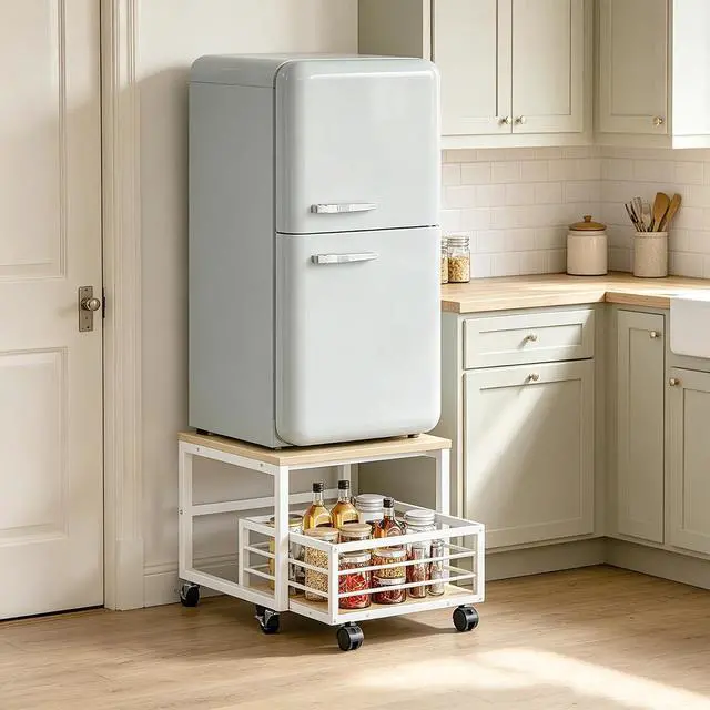 Alt view image 2 of 7 - End Table, Mini Fridge Stand with Storage, Mini Fridge Table with Wheels and Adjustable Feet, Sturdy Metal Frame, for Living Room, Bedroom, Office, White and Natural WN155TL01