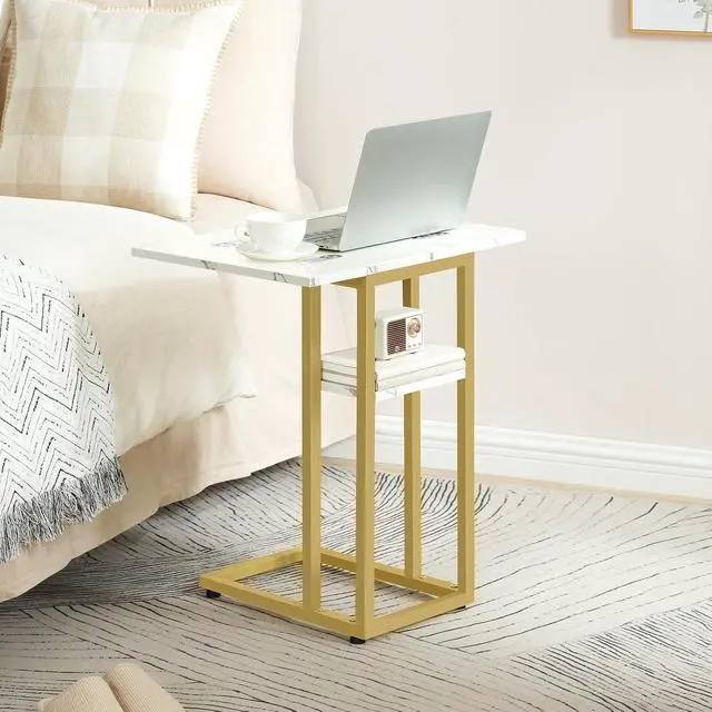 Alt view image 4 of 7 - Foldable C Shaped End Table, C Shaped Side Table with Storage Shelf, Small Snack Table, Slide Under Couch Table for Sofa, Living Room Bedroom Small Spaces Easy Assembly, Gold DM29SF01