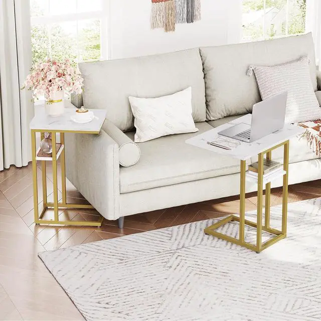 Alt view image 5 of 7 - Foldable C Shaped End Table, C Shaped Side Table with Storage Shelf, Small Snack Table, Slide Under Couch Table for Sofa, Living Room Bedroom Small Spaces Easy Assembly, Gold DM29SF01