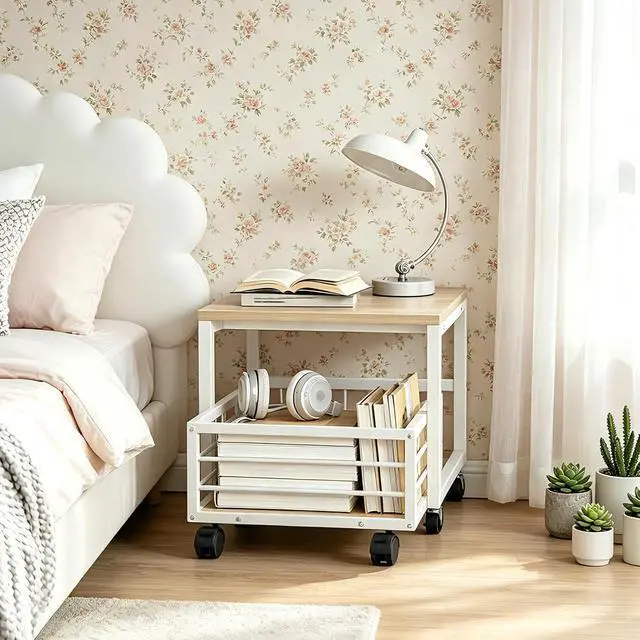 Alt view image 4 of 7 - End Table, Mini Fridge Stand with Storage, Mini Fridge Table with Wheels and Adjustable Feet, Sturdy Metal Frame, for Living Room, Bedroom, Office, White and Natural WN155TL01
