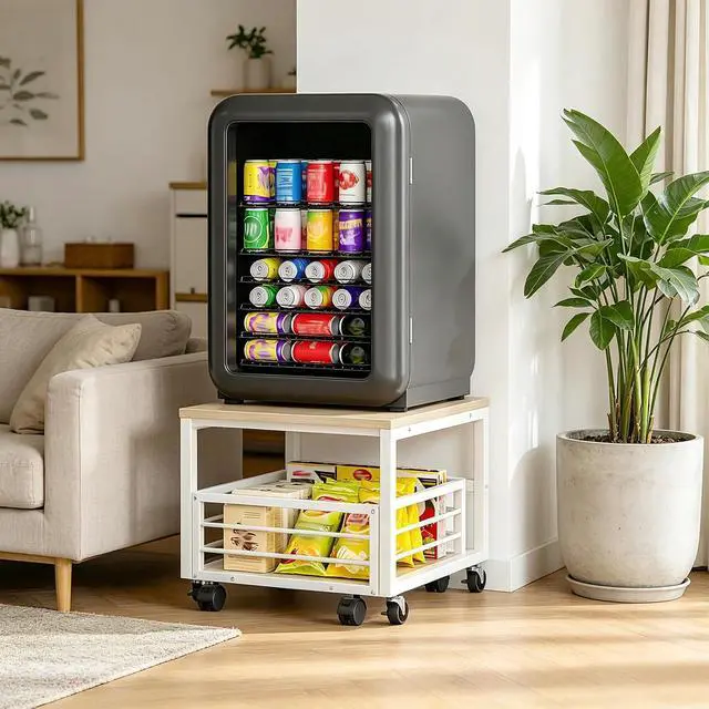 Alt view image 6 of 7 - End Table, Mini Fridge Stand with Storage, Mini Fridge Table with Wheels and Adjustable Feet, Sturdy Metal Frame, for Living Room, Bedroom, Office, White and Natural WN155TL01
