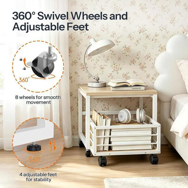 Alt view image 7 of 7 - End Table, Mini Fridge Stand with Storage, Mini Fridge Table with Wheels and Adjustable Feet, Sturdy Metal Frame, for Living Room, Bedroom, Office, White and Natural WN155TL01