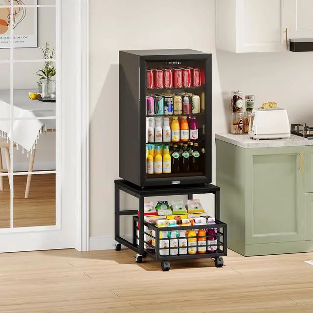 Alt view image 3 of 7 - End Table, Mini Fridge Stand with Storage, Mini Fridge Table with Wheels and Adjustable Feet, Sturdy Metal Frame, for Living Room, Bedroom, Office, Black BB155TL01