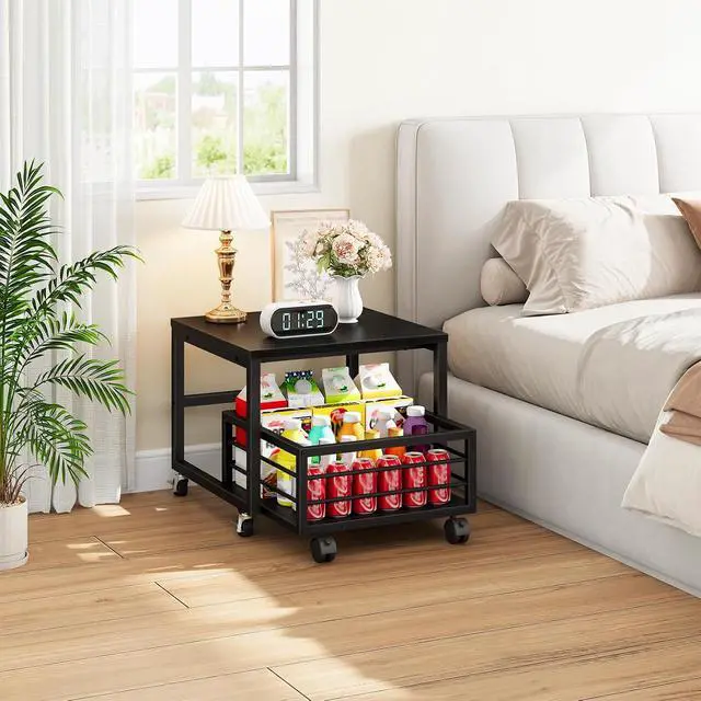 Alt view image 2 of 7 - End Table, Mini Fridge Stand with Storage, Mini Fridge Table with Wheels and Adjustable Feet, Sturdy Metal Frame, for Living Room, Bedroom, Office, Black BB155TL01