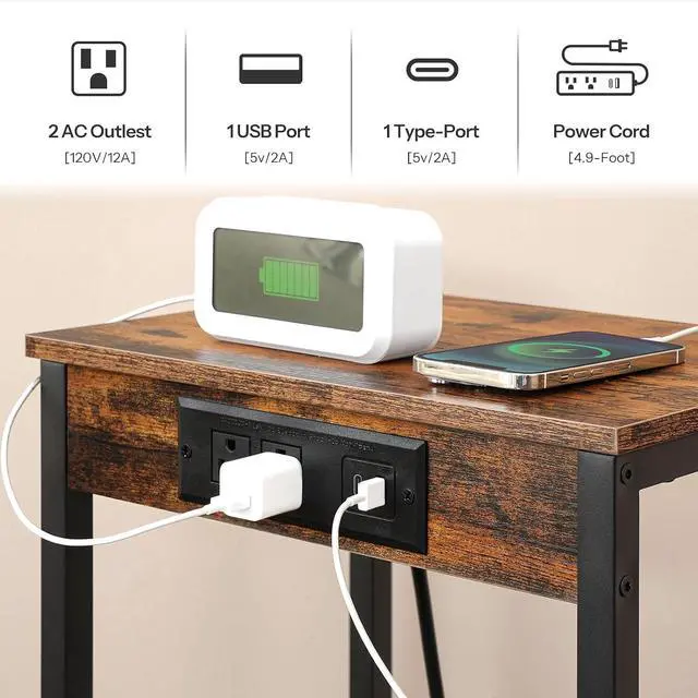 Alt view image 6 of 7 - Tall End Tables with Charging Station, Set of 2, 30 Inch Tall Nightstands, 3-Tier Side Tables with Adjustable Storage Shelves, for Living Room, Bedroom, Hallway, Rustic Brown BF09UDHP201G1