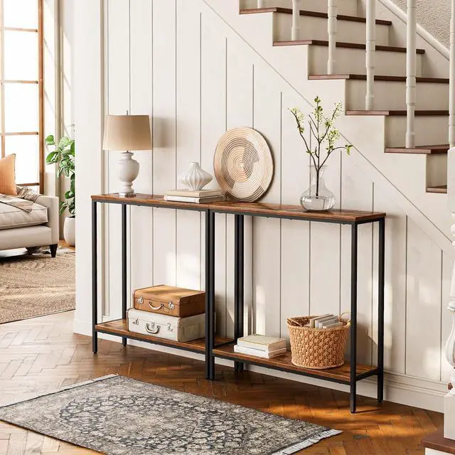 Alt view image 2 of 7 - 29.5" L Narrow Console Table, Sofa Table Behind Couch with 2-Tier Storage Display Shelves, 8.7" D Small Entryway Table for Hallway, Foyer, Living Room, Bedroom, Rustic Brown and Black BF22XG01