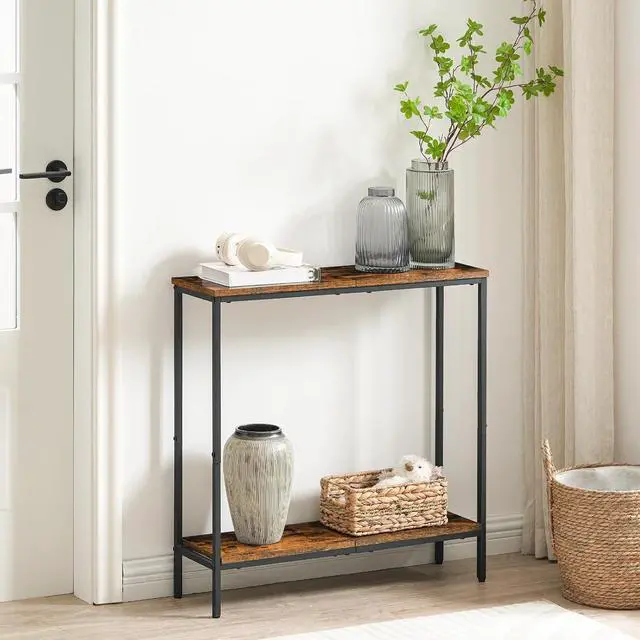 Alt view image 4 of 7 - 29.5" L Narrow Console Table, Sofa Table Behind Couch with 2-Tier Storage Display Shelves, 8.7" D Small Entryway Table for Hallway, Foyer, Living Room, Bedroom, Rustic Brown and Black BF22XG01