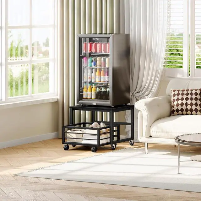 Alt view image 5 of 7 - End Table, Mini Fridge Stand with Storage, Mini Fridge Table with Wheels and Adjustable Feet, Sturdy Metal Frame, for Living Room, Bedroom, Office, Black BB155TL01