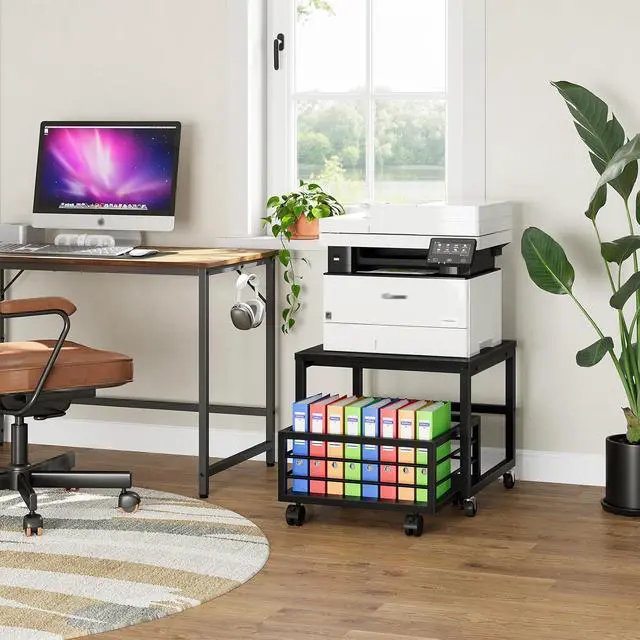 Alt view image 6 of 7 - End Table, Mini Fridge Stand with Storage, Mini Fridge Table with Wheels and Adjustable Feet, Sturdy Metal Frame, for Living Room, Bedroom, Office, Black BB155TL01