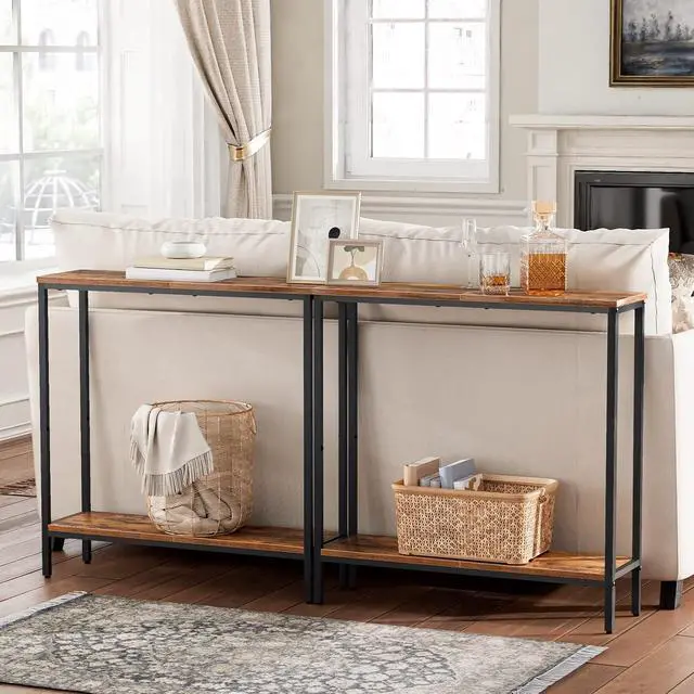 Alt view image 6 of 7 - 29.5" L Narrow Console Table, Sofa Table Behind Couch with 2-Tier Storage Display Shelves, 8.7" D Small Entryway Table for Hallway, Foyer, Living Room, Bedroom, Rustic Brown and Black BF22XG01