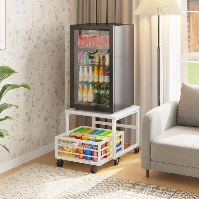 Alt view image 2 of 7 - End Table, Mini Fridge Stand with Storage, Mini Fridge Table with Wheels and Adjustable Feet, Sturdy Metal Frame, for Living Room, Bedroom, Office, White WW155TL01