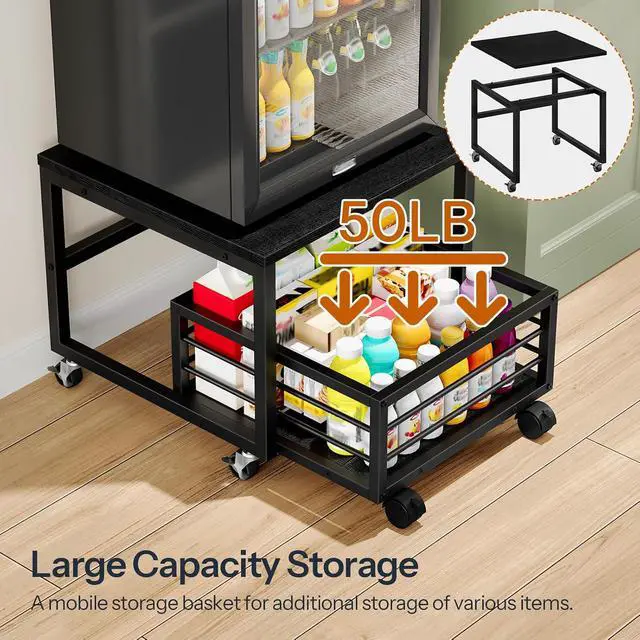 Alt view image 7 of 7 - End Table, Mini Fridge Stand with Storage, Mini Fridge Table with Wheels and Adjustable Feet, Sturdy Metal Frame, for Living Room, Bedroom, Office, Black BB155TL01