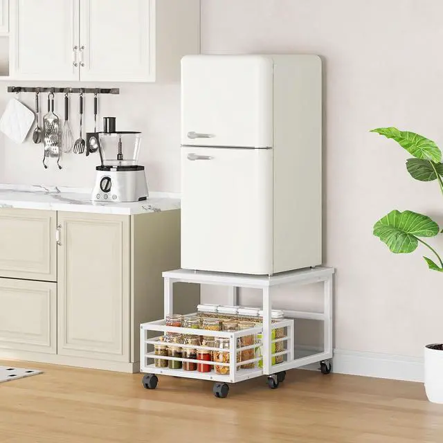 Alt view image 4 of 7 - End Table, Mini Fridge Stand with Storage, Mini Fridge Table with Wheels and Adjustable Feet, Sturdy Metal Frame, for Living Room, Bedroom, Office, White WW155TL01