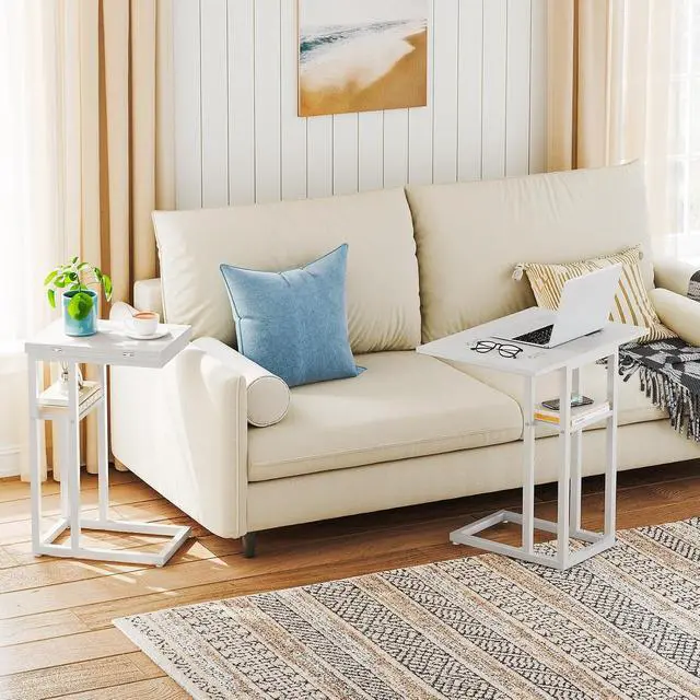 Alt view image 2 of 7 - Foldable C Shaped End Table, C Shaped Side Table with Storage Shelf, Small Snack Table, Slide Under Couch Table for Sofa, Living Room Bedroom Small Spaces Easy Assembly, White WW29SF01
