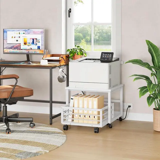 Alt view image 3 of 7 - End Table, Mini Fridge Stand with Storage, Mini Fridge Table with Wheels and Adjustable Feet, Sturdy Metal Frame, for Living Room, Bedroom, Office, White WW155TL01