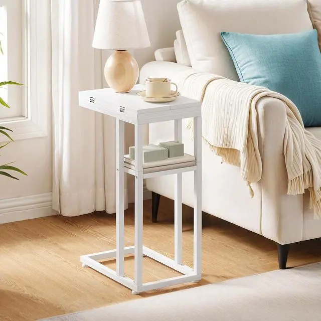 Alt view image 5 of 7 - Foldable C Shaped End Table, C Shaped Side Table with Storage Shelf, Small Snack Table, Slide Under Couch Table for Sofa, Living Room Bedroom Small Spaces Easy Assembly, White WW29SF01