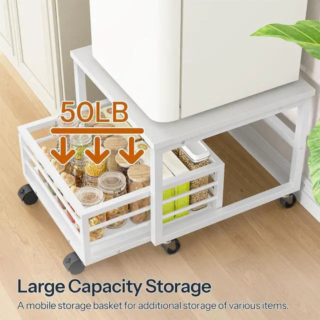 Alt view image 6 of 7 - End Table, Mini Fridge Stand with Storage, Mini Fridge Table with Wheels and Adjustable Feet, Sturdy Metal Frame, for Living Room, Bedroom, Office, White WW155TL01