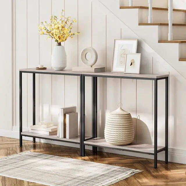 Alt view image 2 of 6 - 29.5" L Narrow Console Table, Sofa Table Behind Couch with 2-Tier Storage Display Shelves, 8.7" D Small Entryway Table for Hallway, Foyer, Living Room, Bedroom, Greige and Black BG22XG01