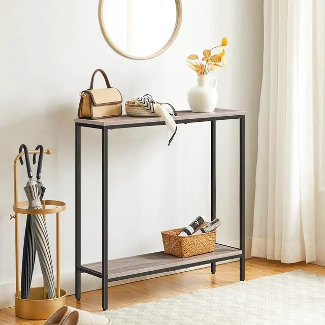 Alt view image 4 of 6 - 29.5" L Narrow Console Table, Sofa Table Behind Couch with 2-Tier Storage Display Shelves, 8.7" D Small Entryway Table for Hallway, Foyer, Living Room, Bedroom, Greige and Black BG22XG01