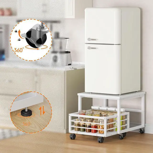 Alt view image 7 of 7 - End Table, Mini Fridge Stand with Storage, Mini Fridge Table with Wheels and Adjustable Feet, Sturdy Metal Frame, for Living Room, Bedroom, Office, White WW155TL01
