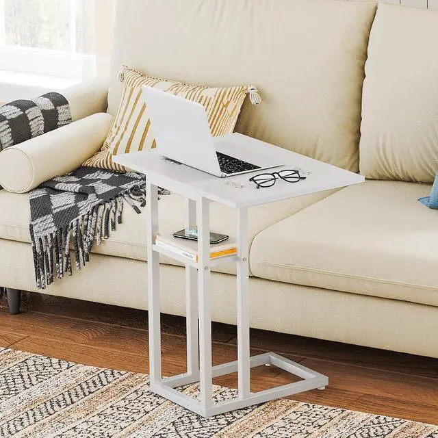Alt view image 6 of 7 - Foldable C Shaped End Table, C Shaped Side Table with Storage Shelf, Small Snack Table, Slide Under Couch Table for Sofa, Living Room Bedroom Small Spaces Easy Assembly, White WW29SF01