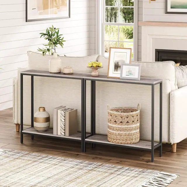 Alt view image 5 of 6 - 29.5" L Narrow Console Table, Sofa Table Behind Couch with 2-Tier Storage Display Shelves, 8.7" D Small Entryway Table for Hallway, Foyer, Living Room, Bedroom, Greige and Black BG22XG01