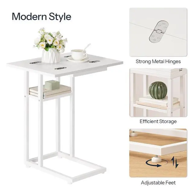 Alt view image 7 of 7 - Foldable C Shaped End Table, C Shaped Side Table with Storage Shelf, Small Snack Table, Slide Under Couch Table for Sofa, Living Room Bedroom Small Spaces Easy Assembly, White WW29SF01
