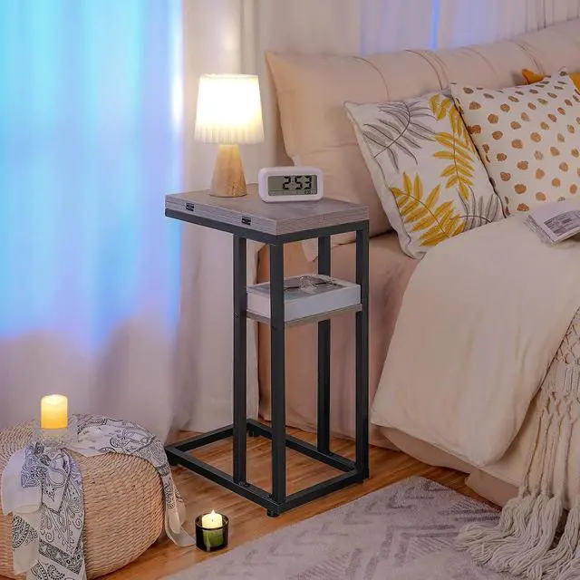 Alt view image 5 of 7 - Foldable C Shaped End Table, C Shaped Side Table with Storage Shelf, Small Snack Table, Slide Under Couch Table for Sofa, Living Room Bedroom Small Spaces Easy Assembly, Greige BG29SF01