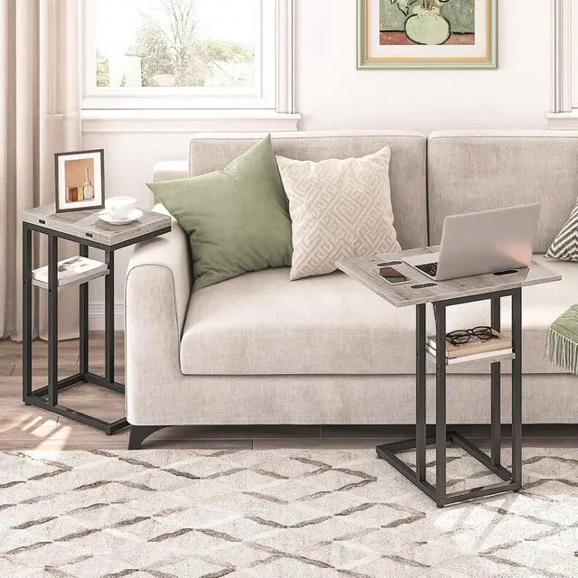 Alt view image 2 of 7 - Foldable C Shaped End Table, C Shaped Side Table with Storage Shelf, Small Snack Table, Slide Under Couch Table for Sofa, Living Room Bedroom Small Spaces Easy Assembly, Greige BG29SF01