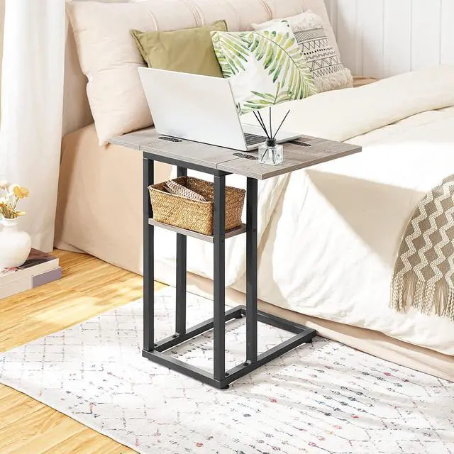 Alt view image 4 of 7 - Foldable C Shaped End Table, C Shaped Side Table with Storage Shelf, Small Snack Table, Slide Under Couch Table for Sofa, Living Room Bedroom Small Spaces Easy Assembly, Greige BG29SF01