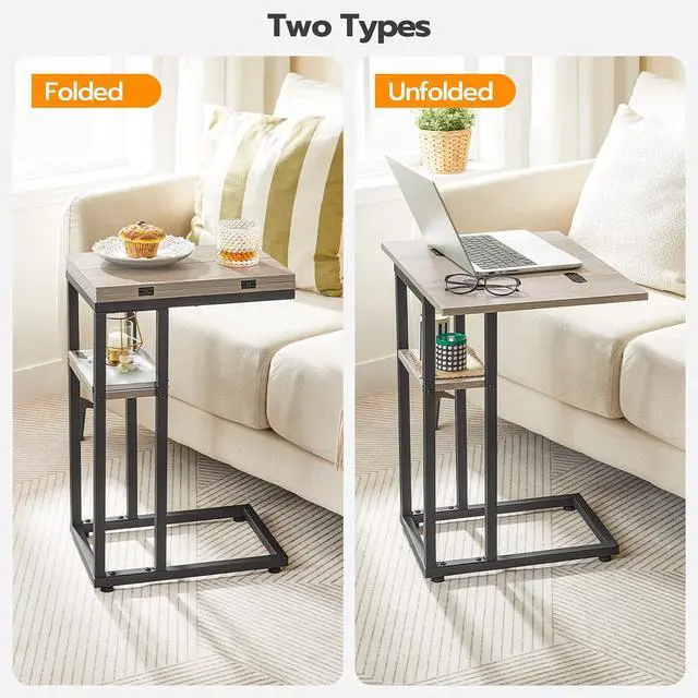 Alt view image 7 of 7 - Foldable C Shaped End Table, C Shaped Side Table with Storage Shelf, Small Snack Table, Slide Under Couch Table for Sofa, Living Room Bedroom Small Spaces Easy Assembly, Greige BG29SF01