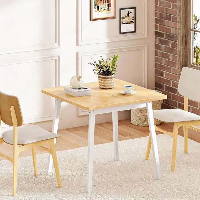 Alt view image 4 of 7 - Bamboo Dining Table, Square Dining Table for 2, 27.6" Kitchen Table for Small Space, Writing Table, Easy to Assemble, for Dining Room, Living Room, Office, Kitchen, Natural and White YW70CZ01G1