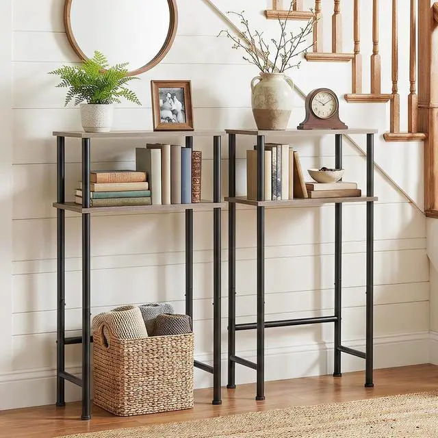 Alt view image 2 of 7 - Narrow Console Table for Small Space, 15.7" Entryway Table with Storage, 2 Tier Sofa Table with 2 Shelves, Skinny Console Table for Entryway, Hallway, Living Room, Greige and Black BG40XG01
