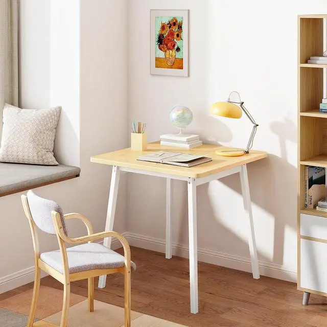Alt view image 5 of 7 - Bamboo Dining Table, Square Dining Table for 2, 27.6" Kitchen Table for Small Space, Writing Table, Easy to Assemble, for Dining Room, Living Room, Office, Kitchen, Natural and White YW70CZ01G1