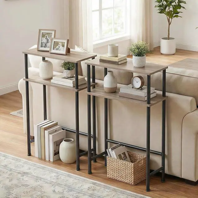 Alt view image 5 of 7 - Narrow Console Table for Small Space, 15.7" Entryway Table with Storage, 2 Tier Sofa Table with 2 Shelves, Skinny Console Table for Entryway, Hallway, Living Room, Greige and Black BG40XG01