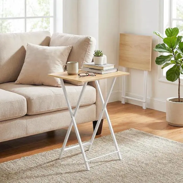 Alt view image 4 of 7 - Folding TV Table, TV Tray, Stable Snack Table for Small Space, Portable Sofaside Desk, Easy Assembly and Storage, Ideal for Snacks and Meals in Living Room, Natural and White, WN15BZ01