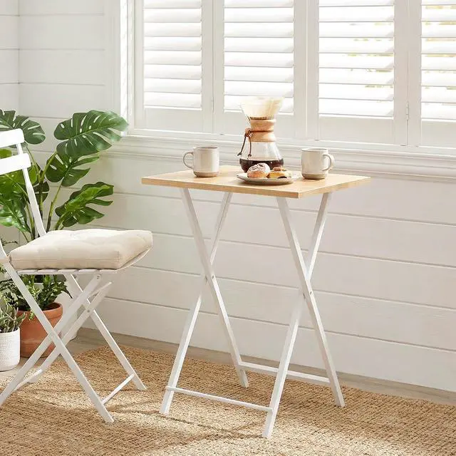 Alt view image 5 of 7 - Folding TV Table, TV Tray, Stable Snack Table for Small Space, Portable Sofaside Desk, Easy Assembly and Storage, Ideal for Snacks and Meals in Living Room, Natural and White, WN15BZ01